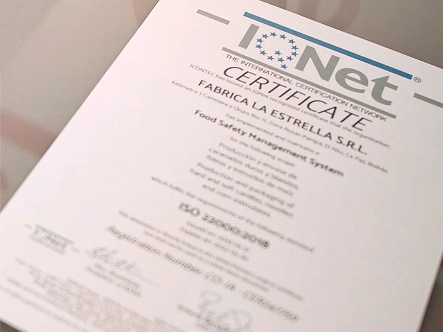 Certificacion ISO 22000 HACCP IQNET  - Fabrica La Estrella